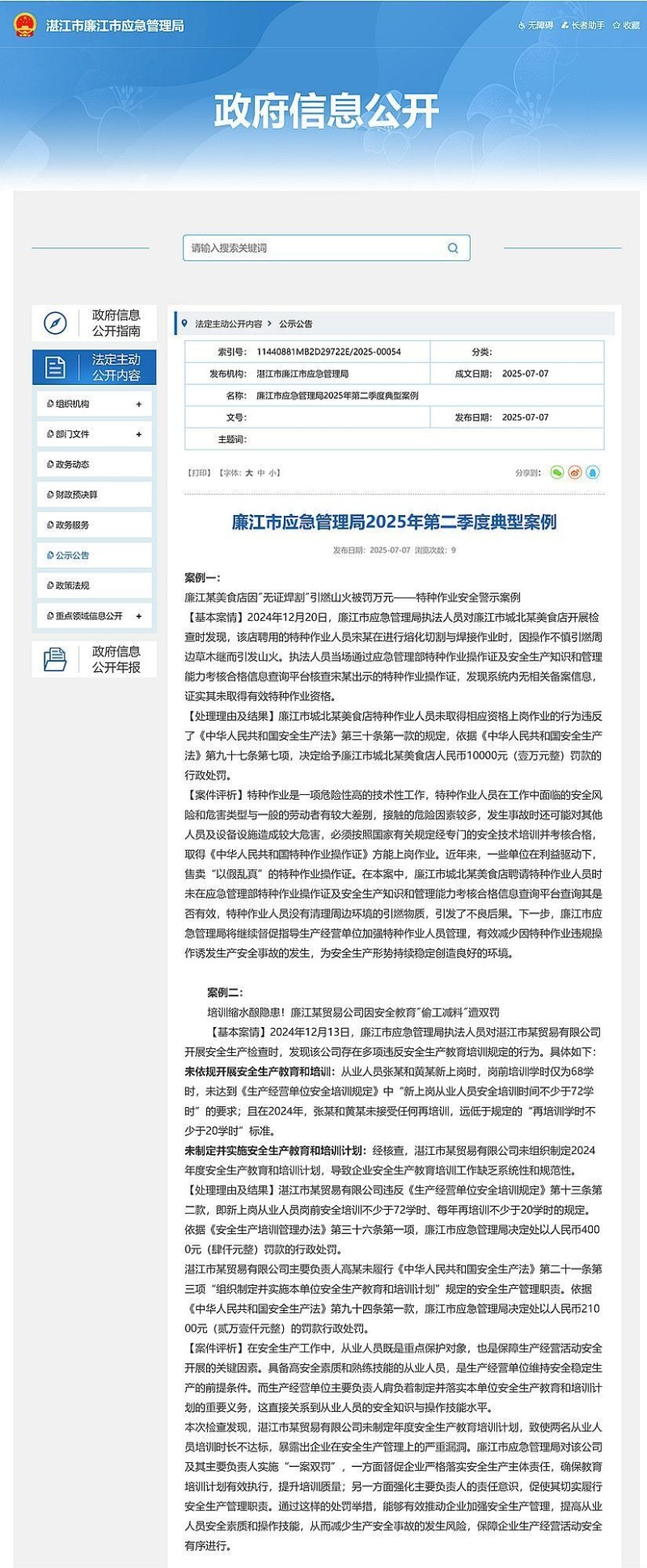 廉江市应急管理局公布2025年第二季度典型案例