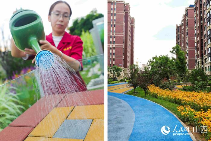 图左:长治市市政工作人员测试透水铺装路面“吸附”雨水效果;图右:住宅小区海绵建设与景观绿化有机融合。人民网记者 王帆摄